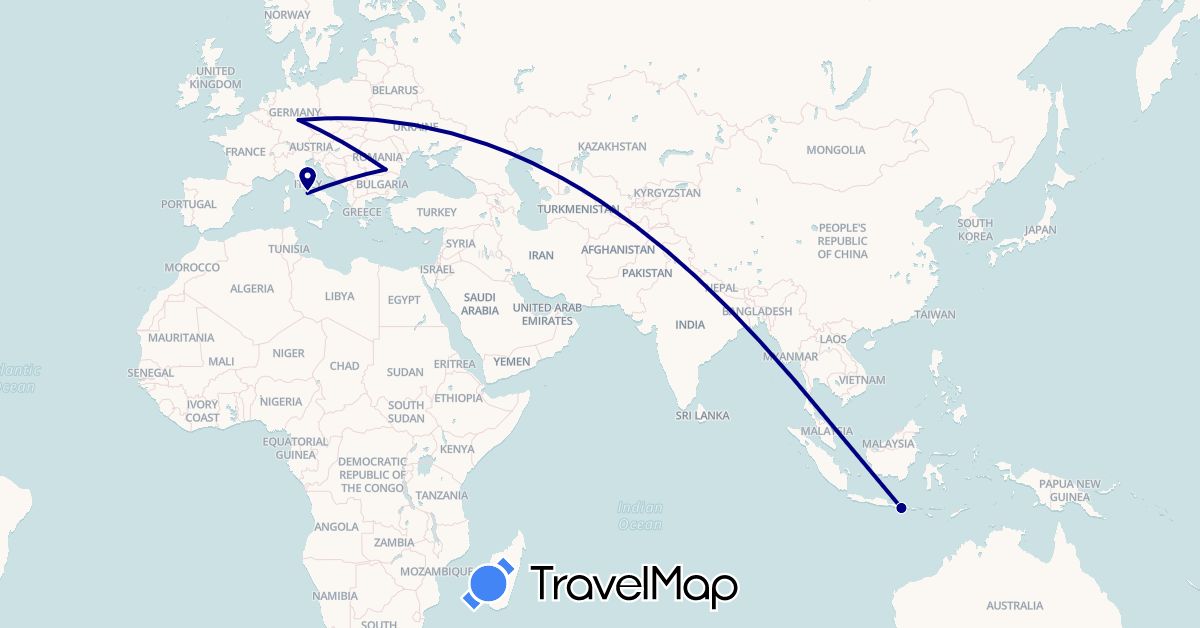 TravelMap itinerary: driving in Germany, Indonesia, Italy, Romania (Asia, Europe)
